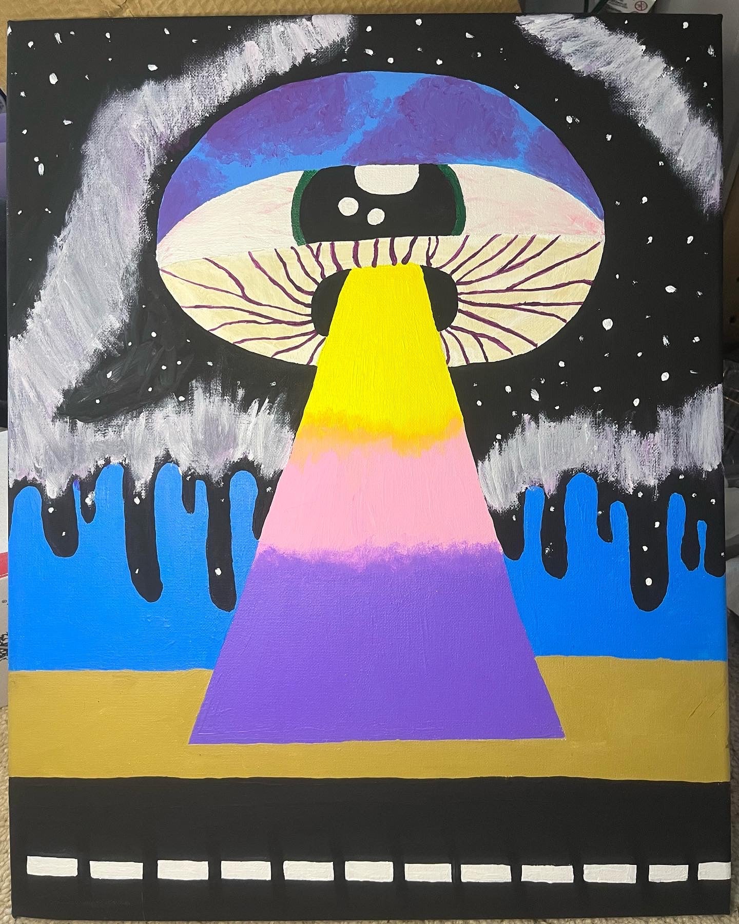 Trippy mushroom alien spaceship painting